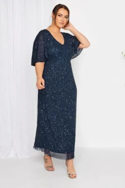LUXE Curve Navy Blue Hand Embellished V-Neck Maxi Dress