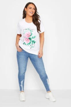 YOURS Curve White Floral Foil Print T-Shirt