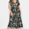 YOURS Curve Black Tropical Leaf Print Wrap Dress