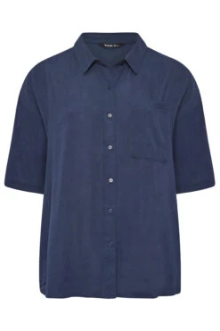 YOURS Curve Navy Blue Short Sleeve Crinkle Shirt -Luna Looks Zone 02c2e591 d28a 49 131894 X