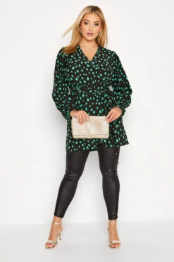 YOURS Curve Black & Green Dalmatian Print Wrap Top