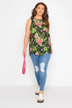 YOURS Curve Black Tropical Print Vest Top