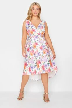 YOURS PETITE Curve White Floral Dipped Hem Midi Dress