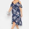 YOURS LONDON Curve Blue Floral Cold Shoulder Wrap Dress
