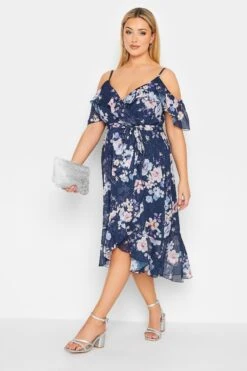 YOURS LONDON Curve Blue Floral Cold Shoulder Wrap Dress