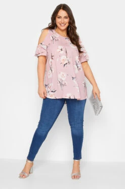 YOURS LONDON Curve Pink Floral Frill Cold Shoulder Top