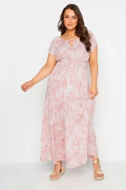 YOURS Curve Pink Tropical Print Bardot Maxi Dress