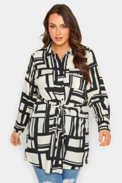 YOURS Curve Black & White Geometric Print Utility Pocket Shirt