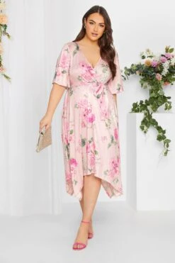 YOURS LONDON Curve Light Pink Floral Hanky Hem Dress