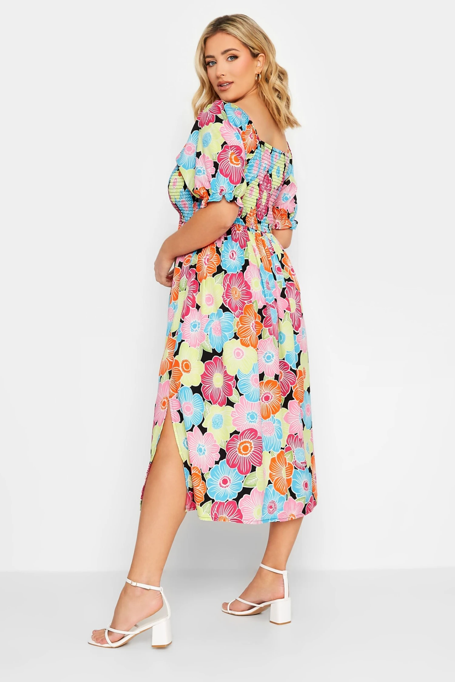 YOURS Curve Pink & Blue Floral Print Shirred Midi Dress 2 YOURS Curve Pink & Blue Floral Print Shirred Midi Dress - Image 2