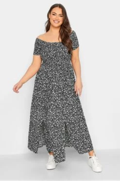 YOURS Curve Black Floral Shirred Bardot Maxi Dress