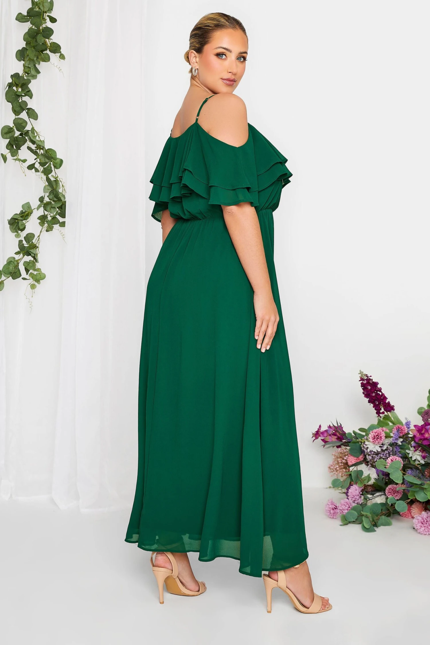 YOURS LONDON Curve Forest Green Bardot Ruffle Maxi Dress 2 YOURS LONDON Curve Forest Green Bardot Ruffle Maxi Dress - Image 2