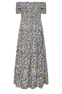 YOURS Curve Black & Purple Floral Shirred Bardot Maxi Dress -Luna Looks Zone 0a37a984 224b 4b 137343 Y
