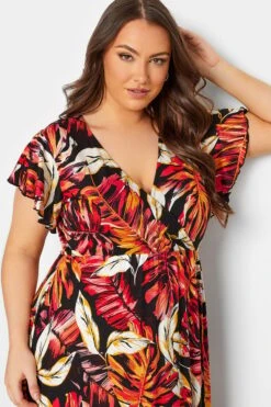 YOURS Curve Black & Orange Leaf Print Frill Sleeve Wrap Maxi Dress -Luna Looks Zone 0a59562b ebfe 44 301900 D