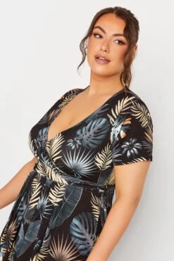 YOURS Curve Charcoal Black Leaf Print Wrap Dress -Luna Looks Zone 0a5b086b b228 44 302153 D