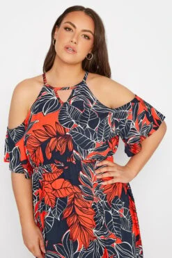 YOURS Curve Navy Blue Leaf Print Cold Shoulder Dress -Luna Looks Zone 0b498203 0fb5 4f 300799 D
