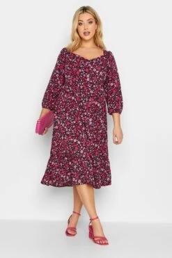 YOURS Curve Black & Pink Floral Smock Midi Dress