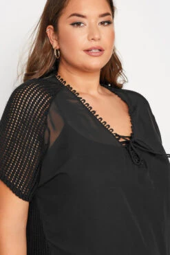 YOURS Curve Black Chiffon Short Sleeve Fringe Hem Top -Luna Looks Zone 0cdb4d53 f378 44 301031 D
