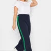 YOURS PETITE Curve Navy Blue & Green Stripe Wide Leg Trousers