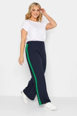 YOURS PETITE Curve Navy Blue & Green Stripe Wide Leg Trousers