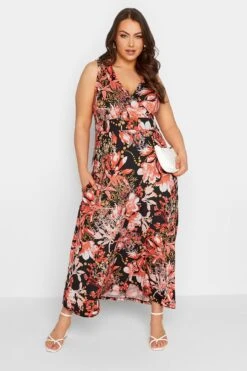YOURS Curve Black & Orange Floral Print Wrap Maxi Dress