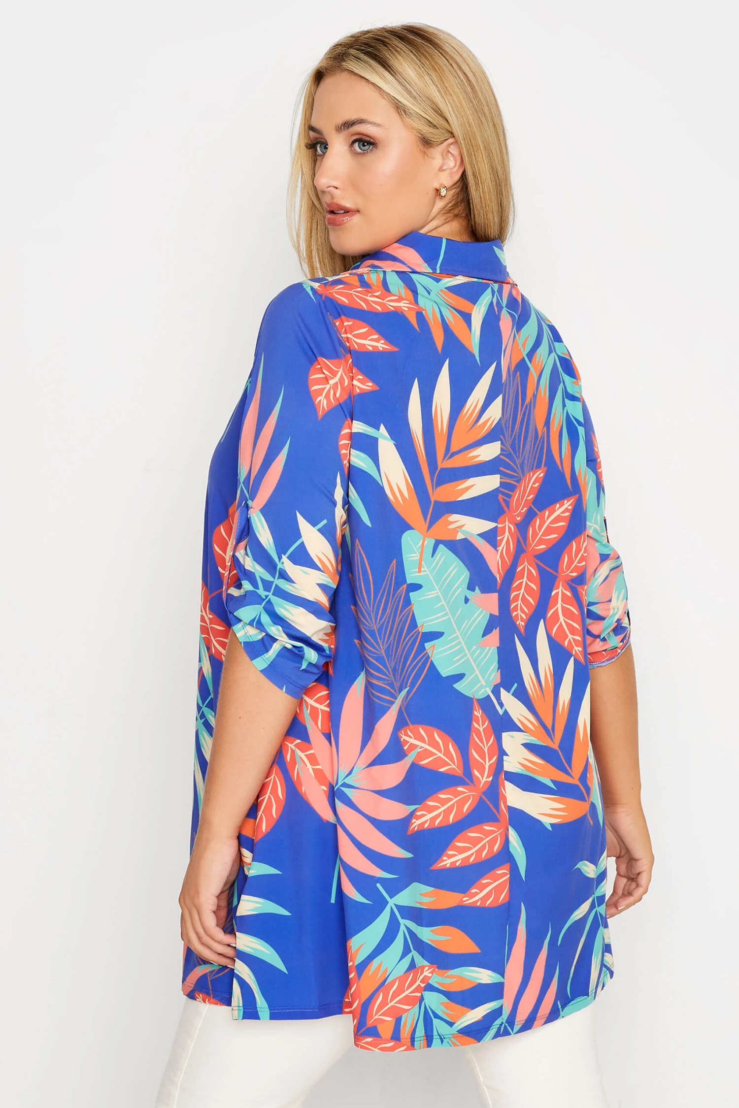 YOURS Curve Blue Leaf Print Collared Tunic Top 2 YOURS Curve Blue Leaf Print Collared Tunic Top - Image 2