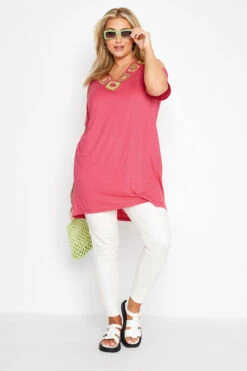 YOURS Curve Pink Crochet Neckline Cold Shoulder Tunic Top