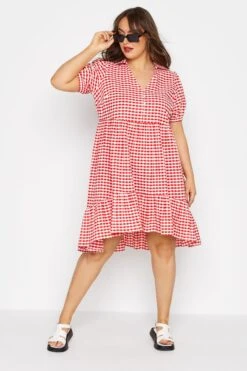 LIMITED COLLECTION Curve Red Gingham Dipped Hem Smock Dress
