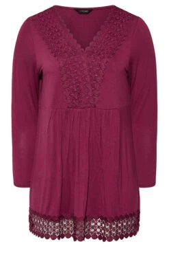 YOURS Curve Dark Pink Crochet Trim Long Sleeve Tunic Top -Luna Looks Zone 10926934 65cd 4e 320338 X