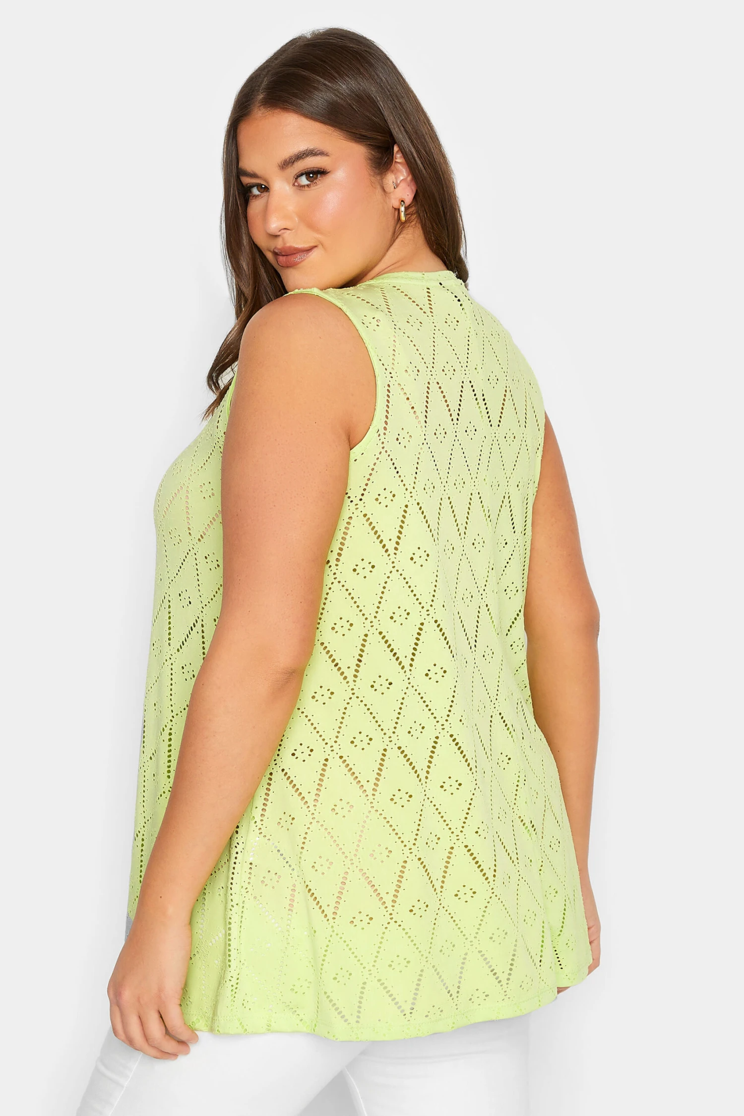 YOURS Curve Lime Green Broderie Anglaise Swing Vest Top 2 YOURS Curve Lime Green Broderie Anglaise Swing Vest Top - Image 2
