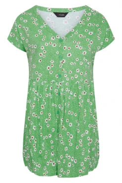 YOURS Curve Green Daisy Print Button Through Smock Top -Luna Looks Zone 10abbafc 27fa 41 320099 X