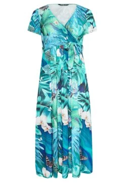 YOURS Curve Blue Leaf Print Wrap Neck Dress -Luna Looks Zone 11ca3360 1a6a 48 302294 X