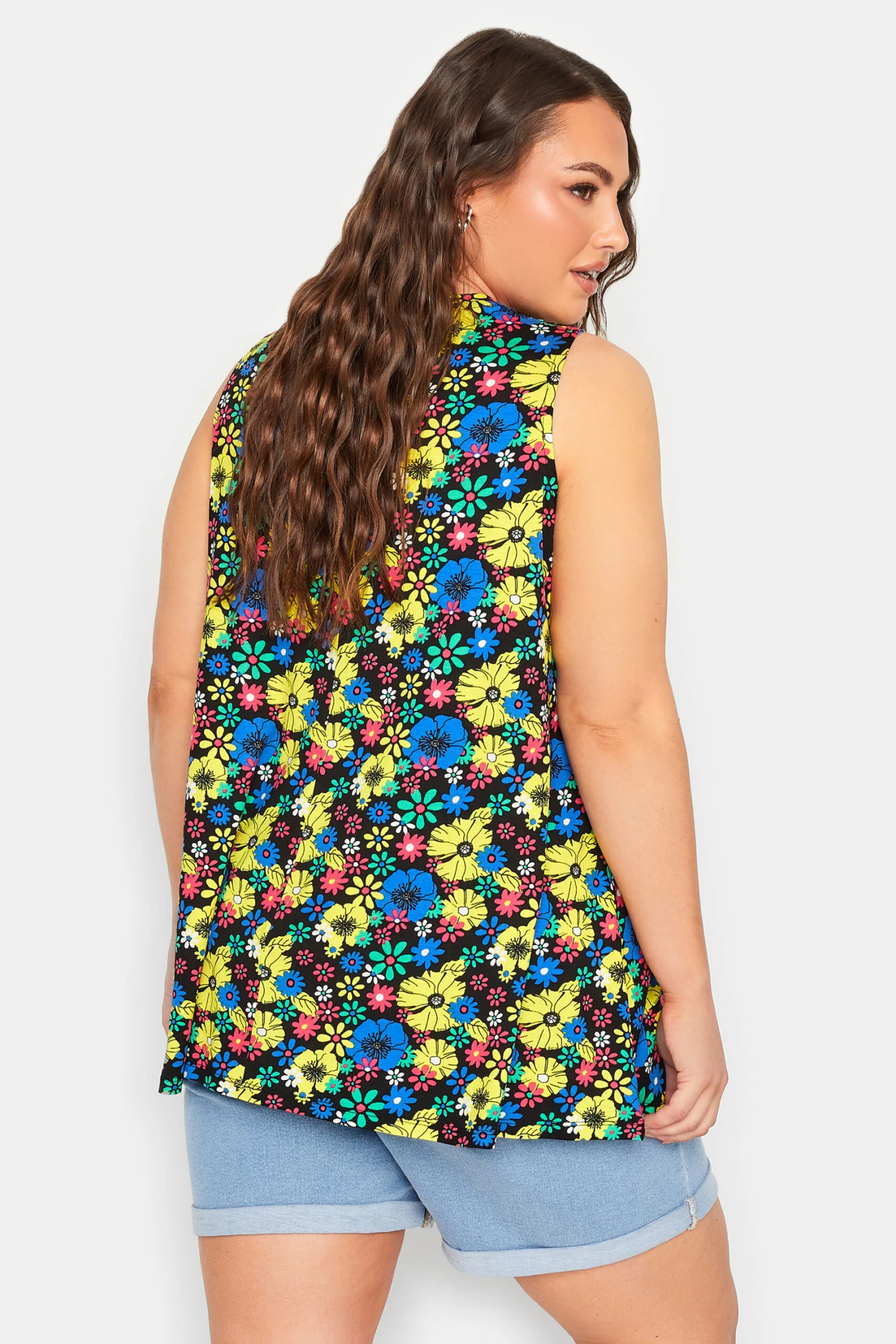YOURS Curve Black & Yellow Floral Print Pleat Front Vest Top 2 YOURS Curve Black & Yellow Floral Print Pleat Front Vest Top - Image 2