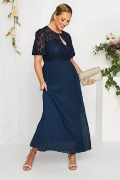 YOURS LONDON Curve Navy Blue Lace Puff Sleeve Pleated Maxi Dress