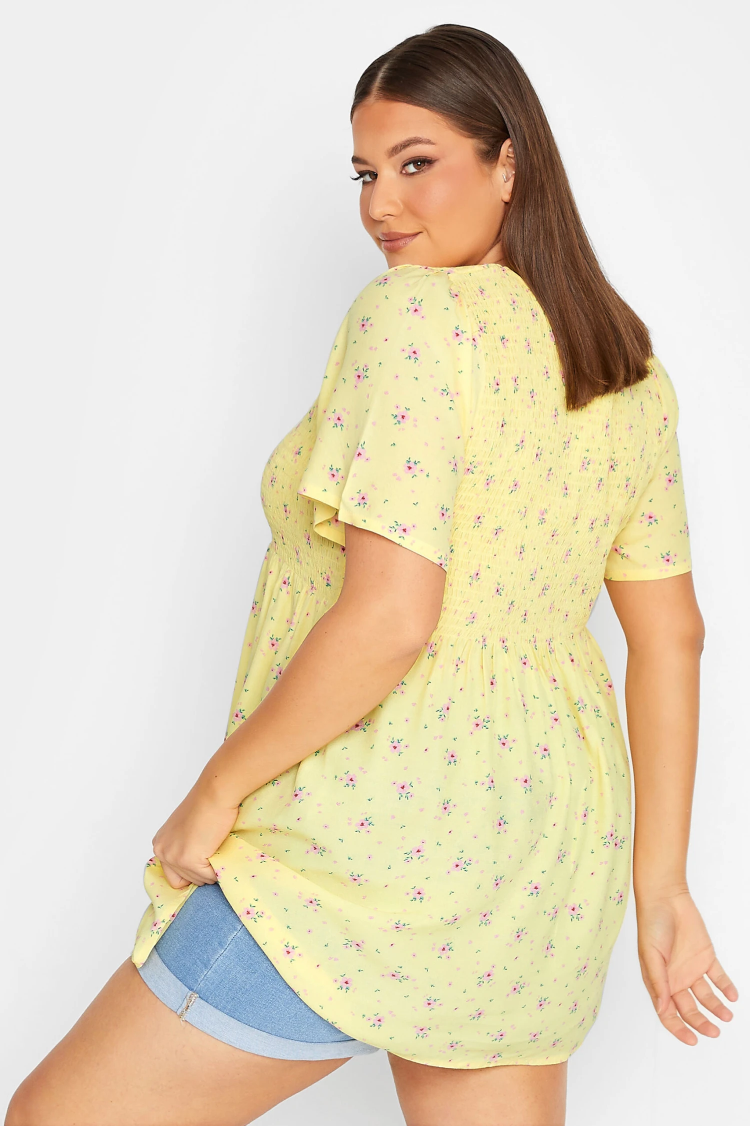 YOURS Curve Yellow Floral Print Shirred Top 2 YOURS Curve Yellow Floral Print Shirred Top - Image 2