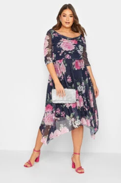 YOURS LONDON Curve Blue Floral Cowl Neck Mesh Dress
