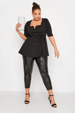 YOURS LONDON Curve Black Glitter Notch Neck Corset Peplum Top