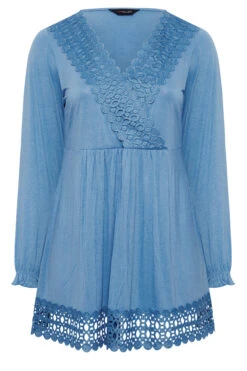 YOURS Curve Blue Crochet Long Sleeve Tunic Top