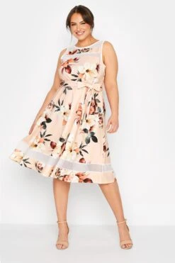 YOURS LONDON Curve Pink Floral Mesh Panel Skater Dress