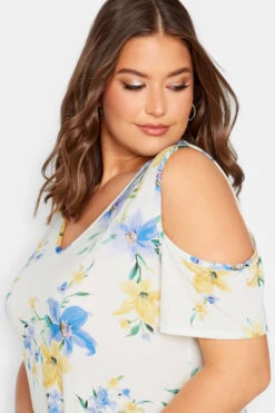 YOURS LONDON Curve White Floral Print Cold Shoulder Top -Luna Looks Zone 19b2cfc6 272b 47 162115 D