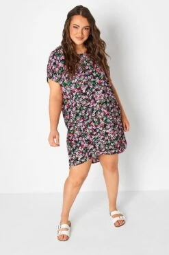 YOURS Curve Black & Pink Floral Print Shift Dress