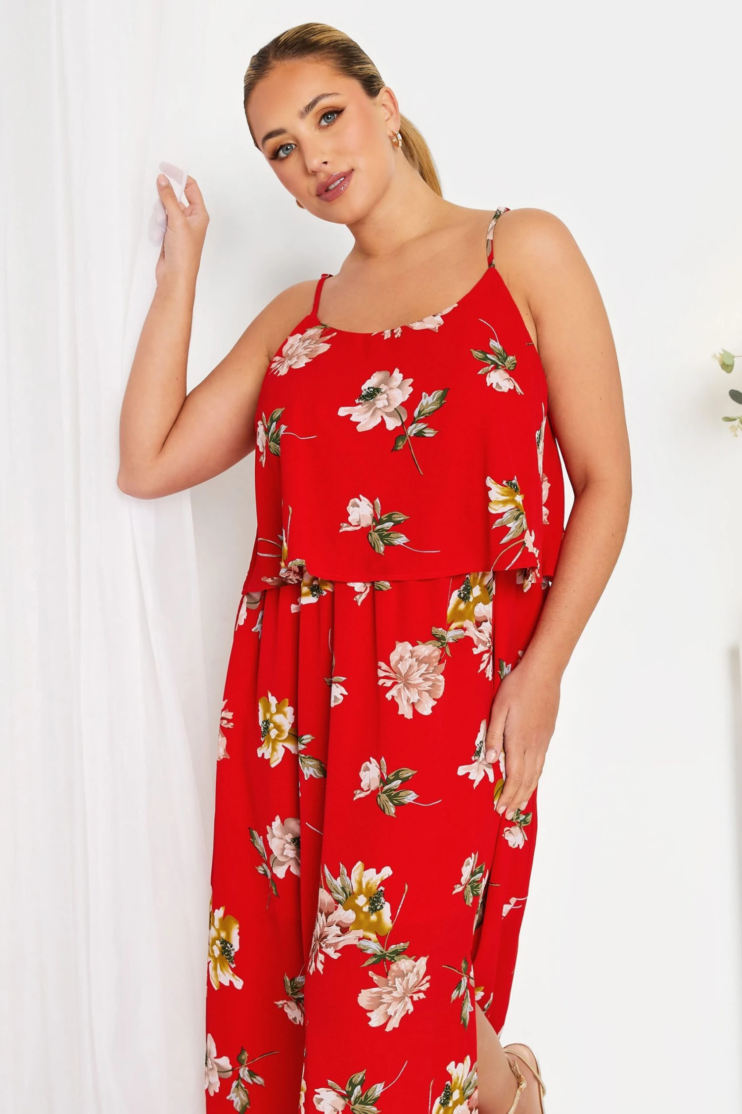 YOURS LONDON Curve Red Floral Overlay Maxi Dress 3 YOURS LONDON Curve Red Floral Overlay Maxi Dress - Image 3