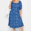 YOURS Curve Blue Ditsy Print Square Neck Midaxi Dress