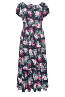 YOURS Curve Navy Blue Tropical Print Bardot Maxi Dress -Luna Looks Zone 1c4437a3 4036 48 137323 X