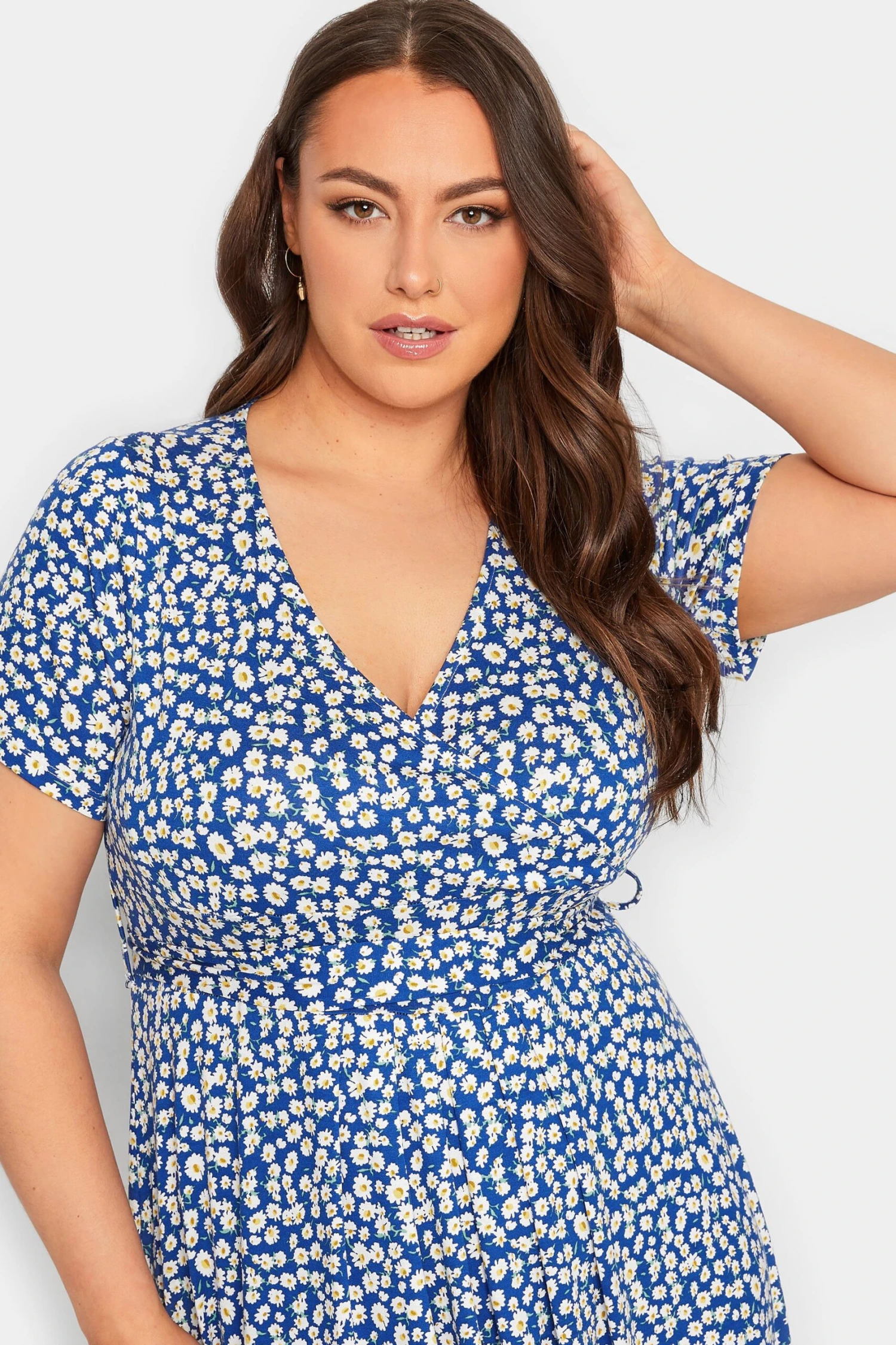 YOURS Curve Blue Ditsy Floral Wrap Dress 3 YOURS Curve Blue Ditsy Floral Wrap Dress - Image 3