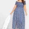 YOURS Curve Cobalt Blue Ditsy Print Shirred Bardot Maxi Dress