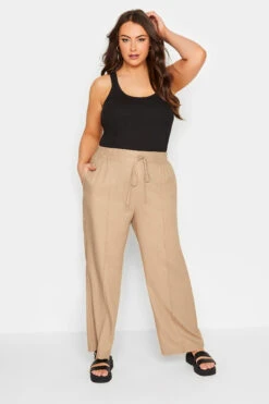 YOURS Curve Beige Brown Wide Leg Linen Look Trousers