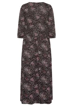 YOURS PETITE Curve Black & Pink Ditsy Print Midaxi Dress