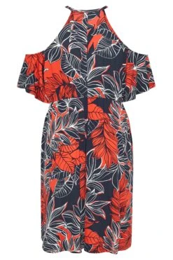 YOURS Curve Navy Blue Leaf Print Cold Shoulder Dress -Luna Looks Zone 21583ebc 0984 40 300799 Y