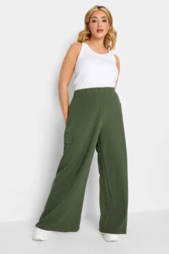 YOURS PETITE Curve Khaki Green Wide Leg Cargo Trousers